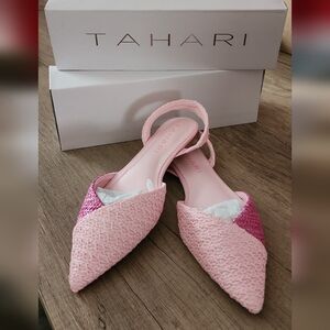 Tahari Rio Pink Raffia Pointed Toe Slingback Flats Size 8 NWT NIB